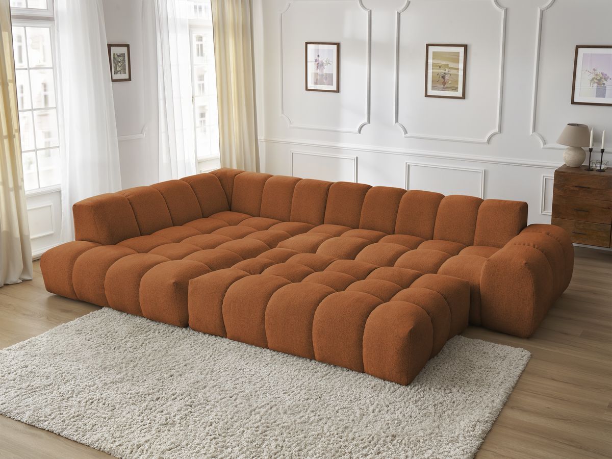 Bobochic Everest Ecksofa mit Schlaffunktion und Pouf, 10 Kissen Melange-Stoff Orange Ecke links