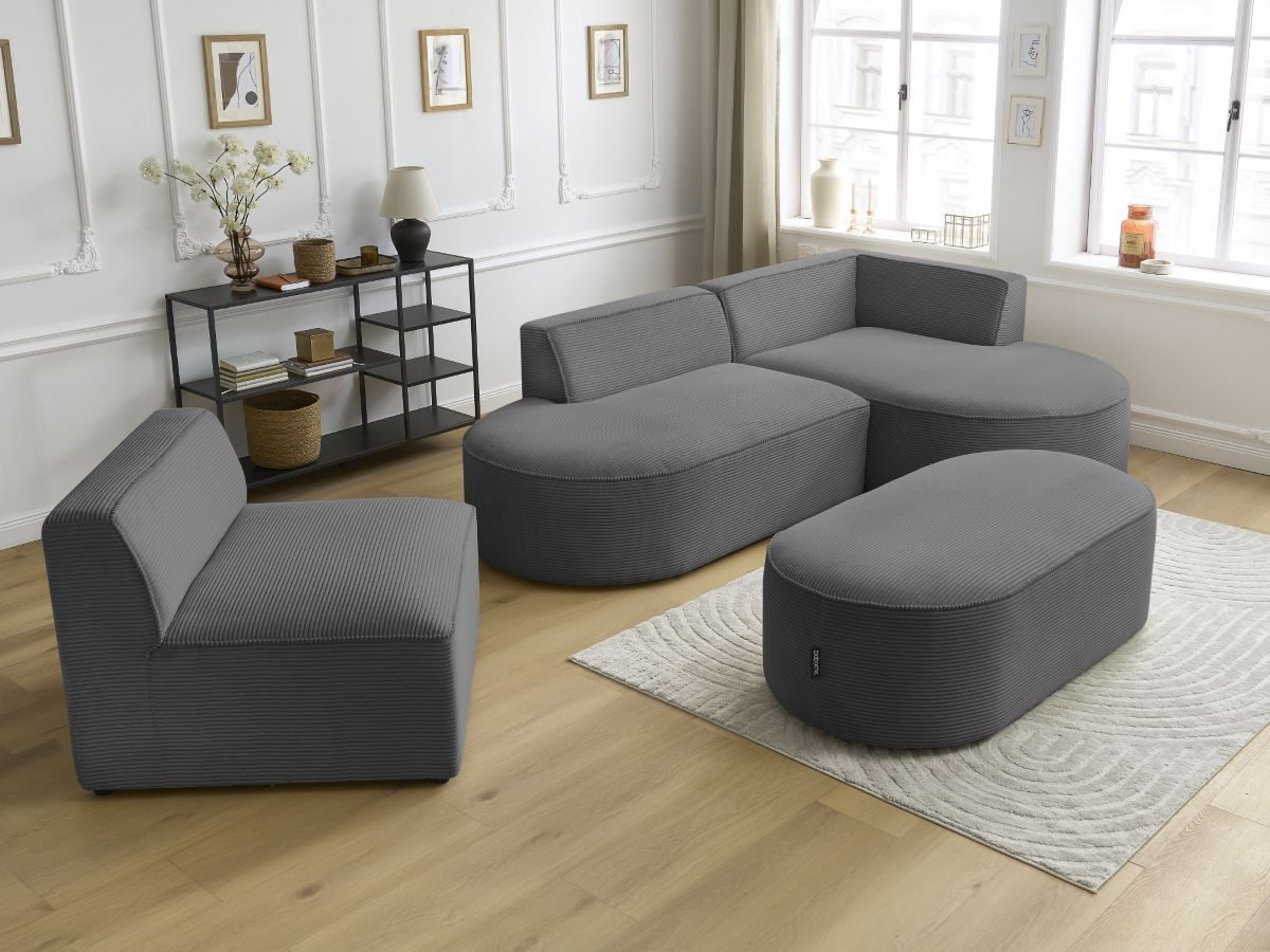 Bobochic Rousseau Ecksofa mit Sofamodul und Pouf Cordsamt Dunkelgrau Ecke rechts