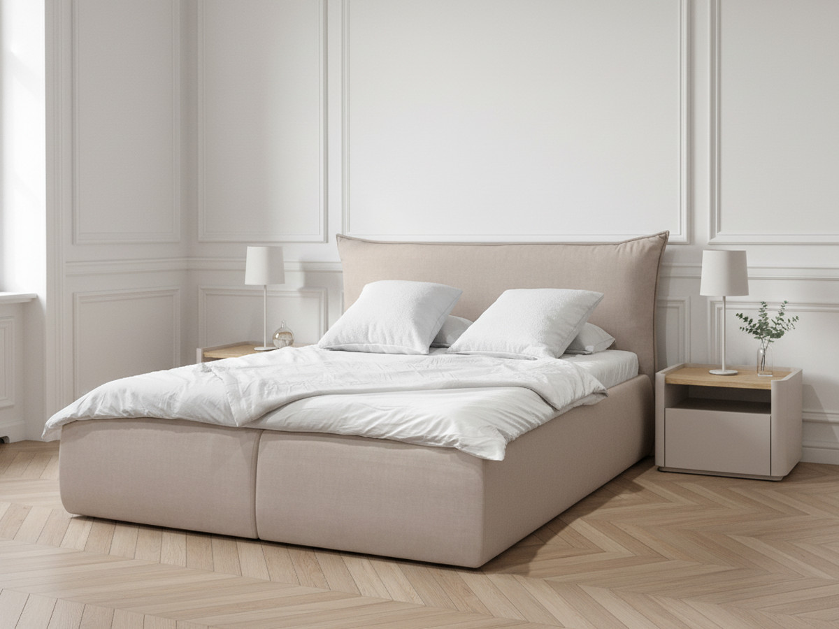 Bobochic Jade Polsterbett mit Bettkasten Stoff Beige, Liegefläche 160 × 200 cm