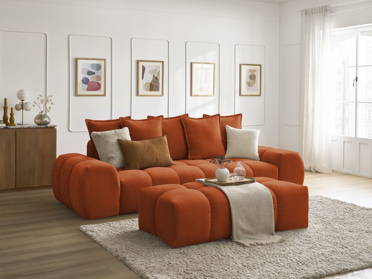 Bobochic Everest Sofa 3-Sitzer mit Pouf, 5 Kissen Strukturstoff Orange