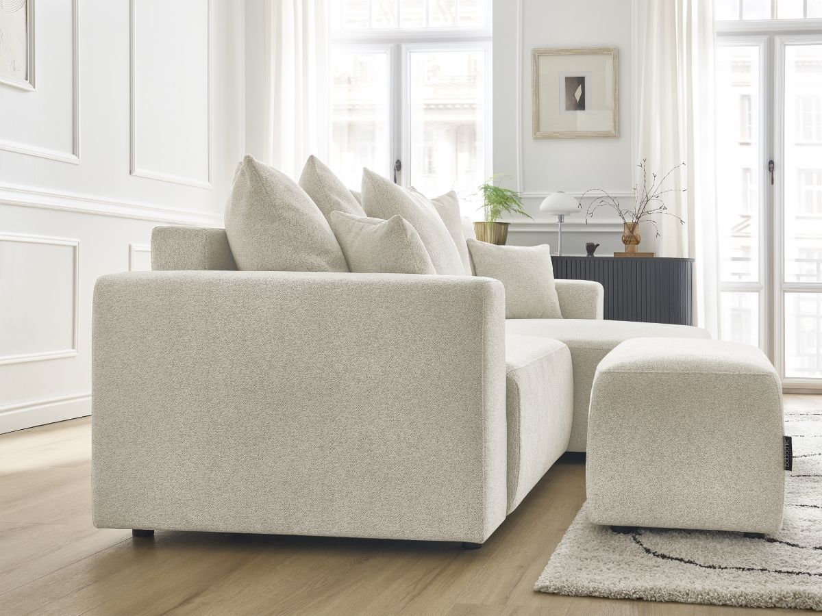 Bobochic Atilla Ecksofa mit Schlaffunktion und Bettkasten und Pouf Melange-Stoff Weiß Ecke rechts