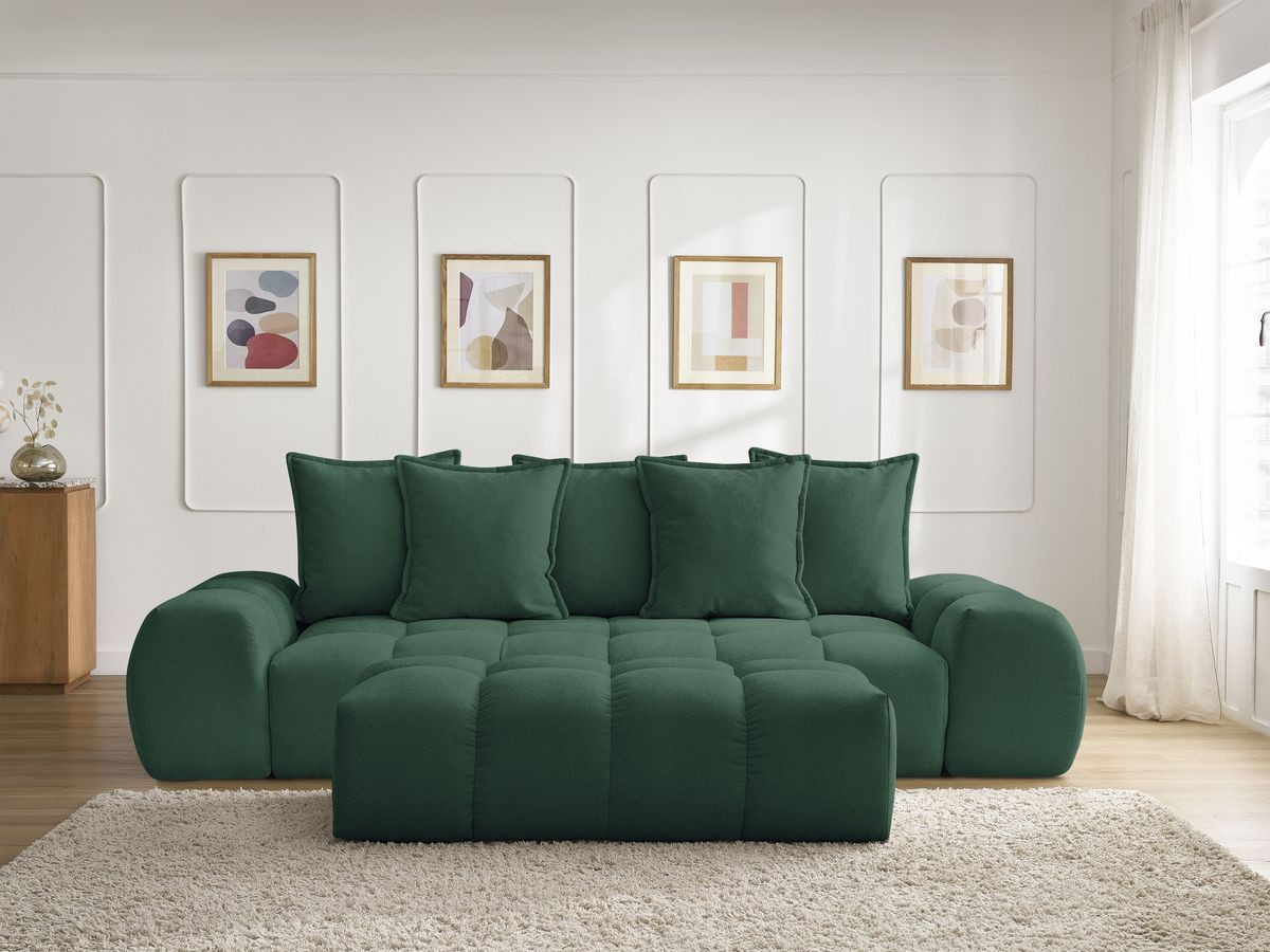 Bobochic Everest Schlafsofa 3-Sitzer mit Bettkasten und Pouf, 5 Kissen Strukturstoff Grün