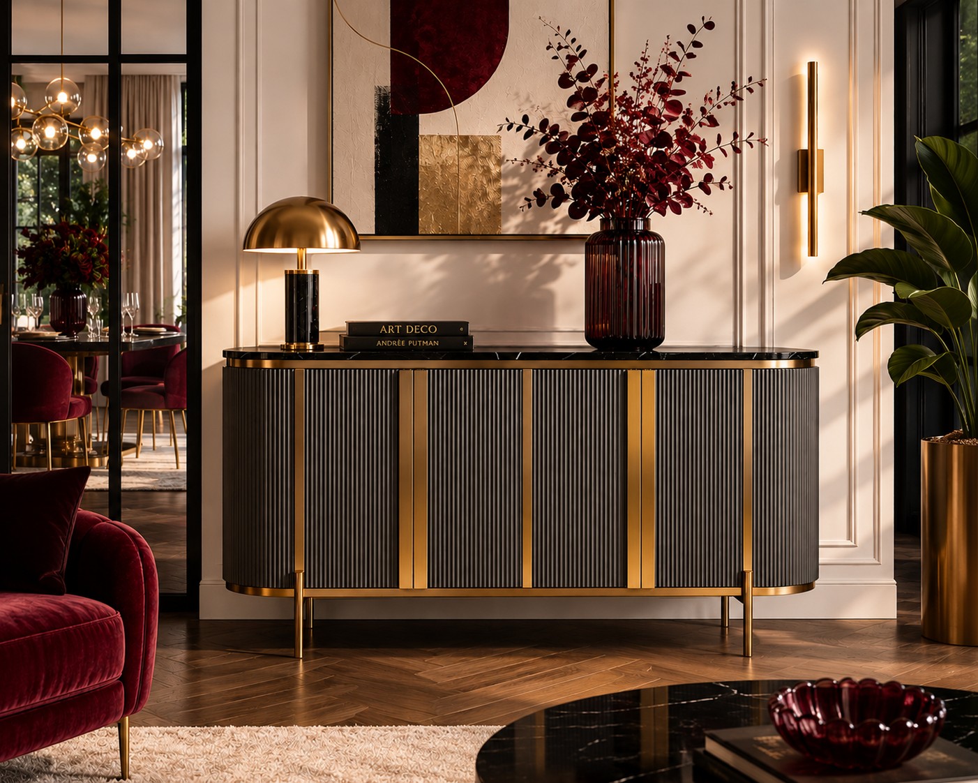 Livin Hill Sideboard Stilig Riffelfront 160 cm Schwarz, Platte Marmoroptik