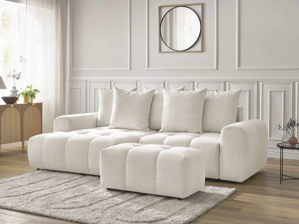 Bobochic Roxelane Ecksofa mit Schlaffunktion und Bettkasten und Pouf 258 × 150 cm Melange-Stoff Weiß Ecke links
