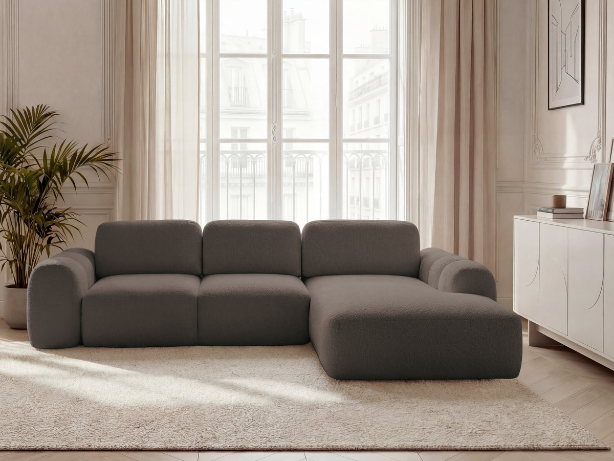 Bobochic Montaigne Ecksofa mit Schlaffunktion und Bettkasten 288 × 196 cm Bouclé-Stoff Braun Ecke rechts