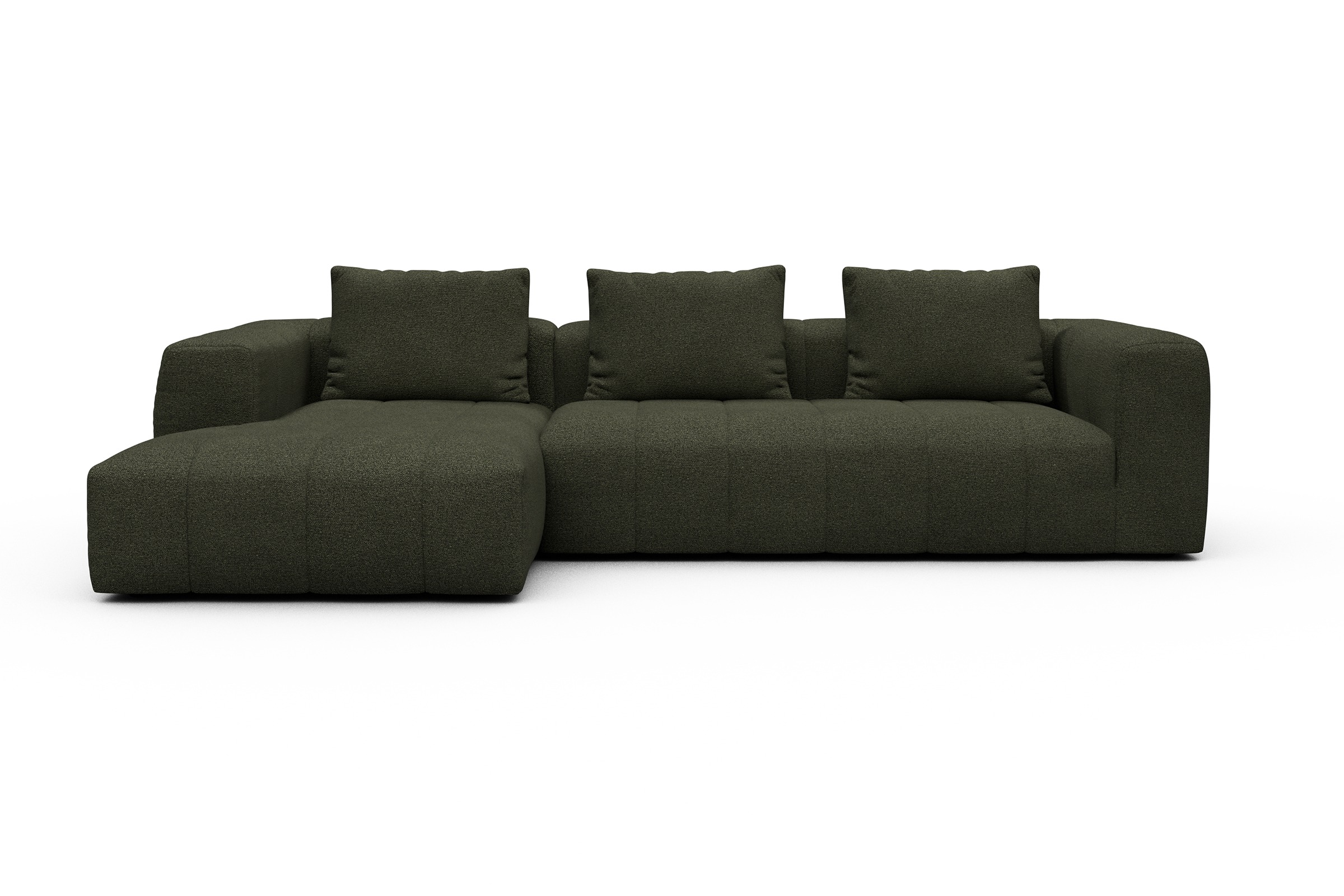 Ecksofa Hugo 2,5-Sitzer Armlehne rechts mit Chaiselongue Boucle-Forest-Green
