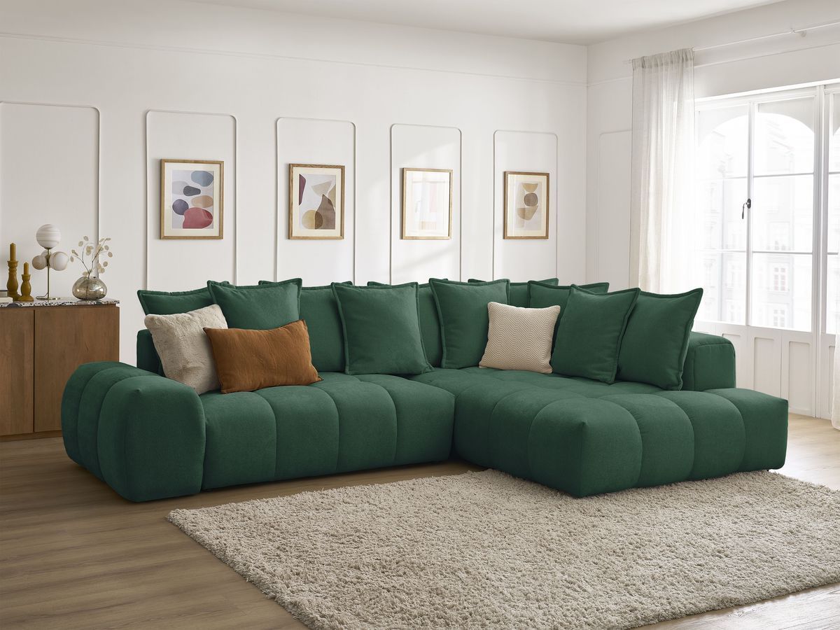 Bobochic Everest Ecksofa mit Schlaffunktion und Bettkasten 320 × 212 cm, 10 Kissen Strukturstoff Grün Ecke rechts