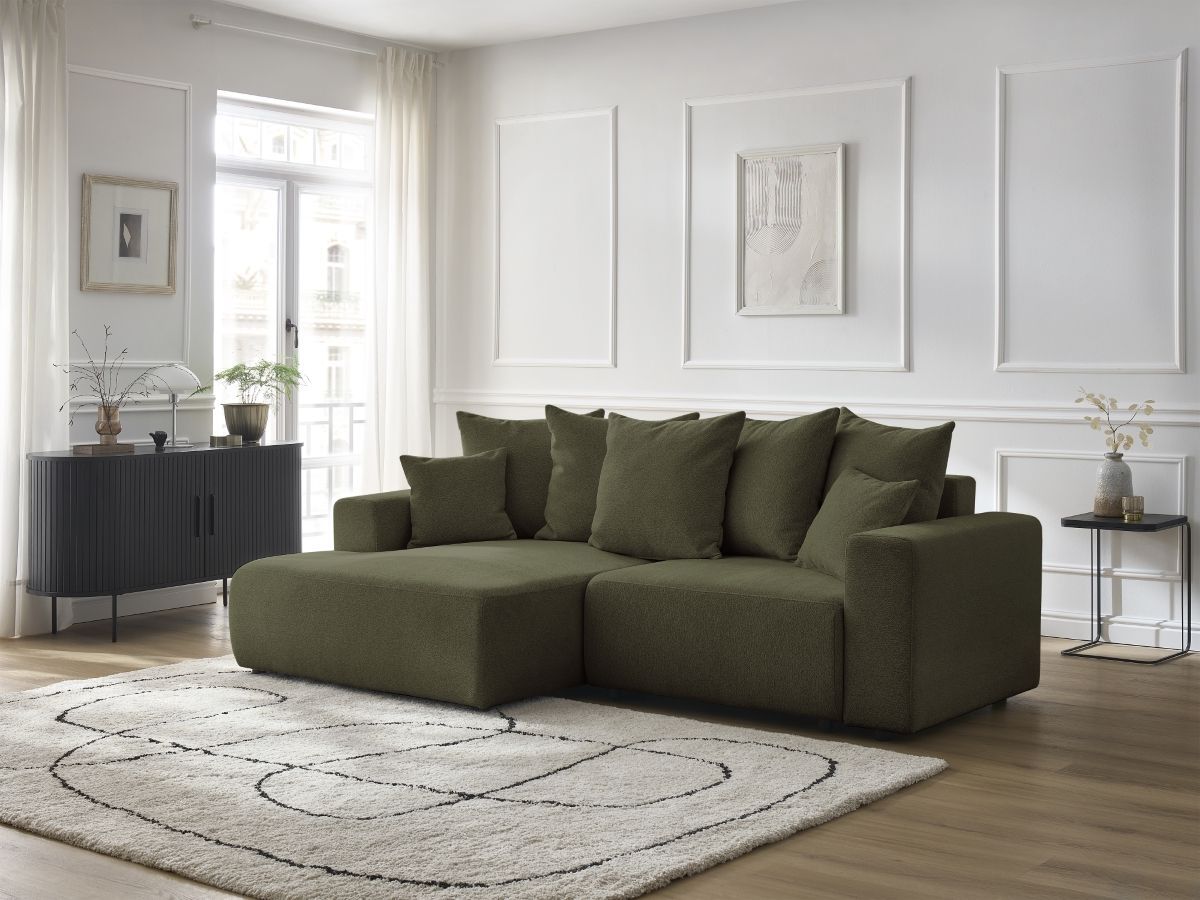 Bobochic Atilla Ecksofa mit Schlaffunktion und Bettkasten Melange-Stoff Grün Ecke links