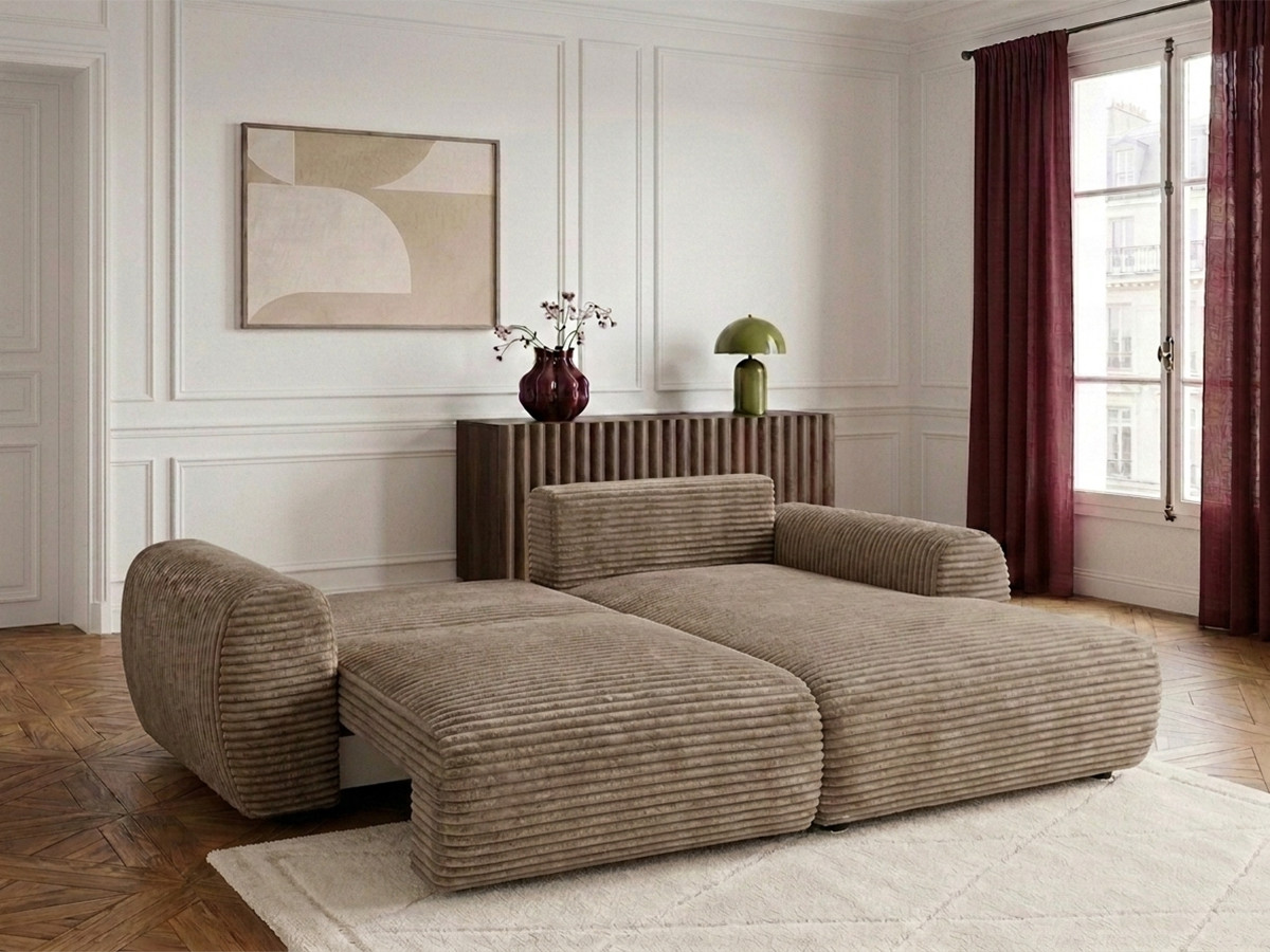 Bobochic Lucien Ecksofa mit Schlaffunktion und Bettkasten Breitcord weich Taupe Ecke rechts