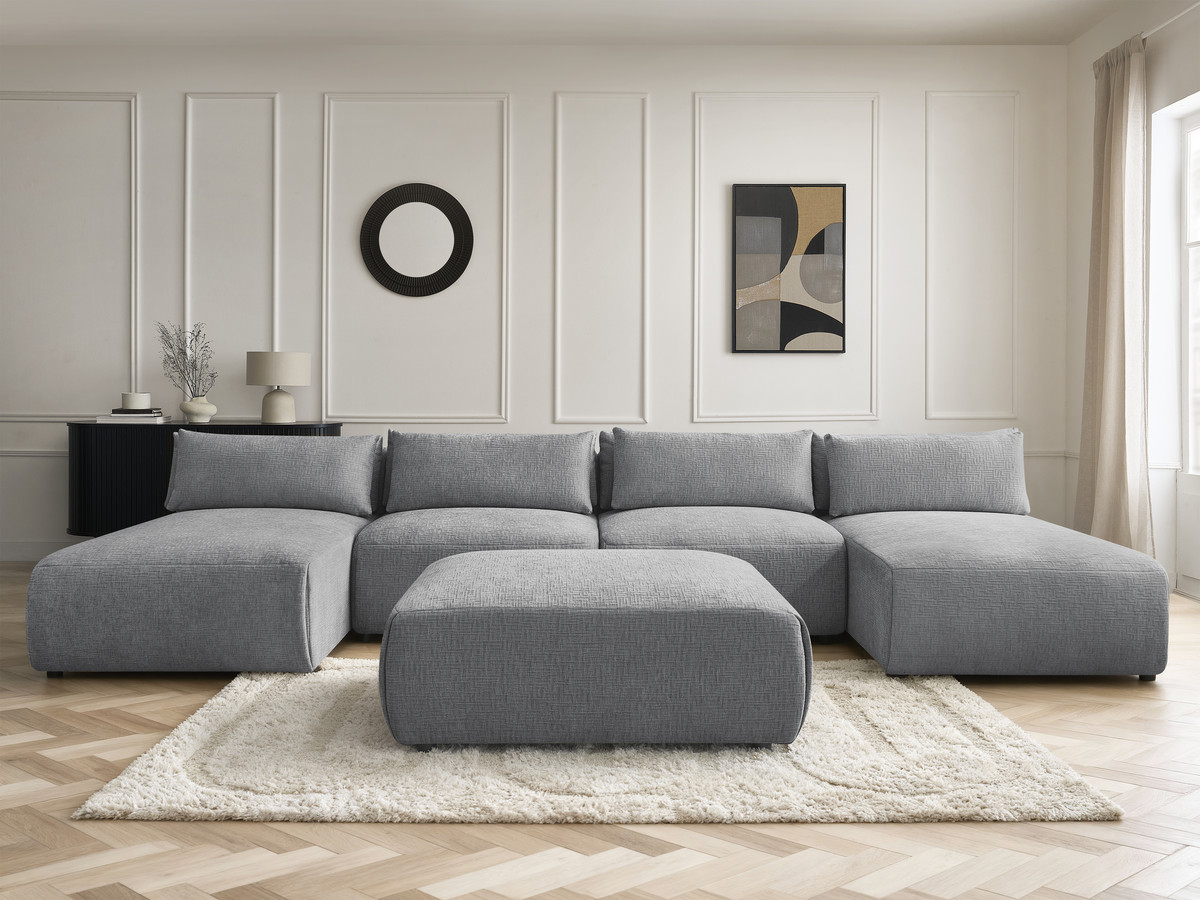 Bobochic Jana Wohnlandschaft mit großem Pouf Strukturstoff Dunkelgrau