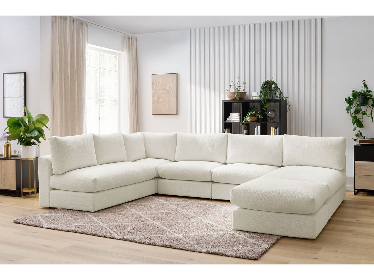 Bobochic Paris Ecksofa mit Pouf 369 × 262 cm Bouclé-Stoff Weiß