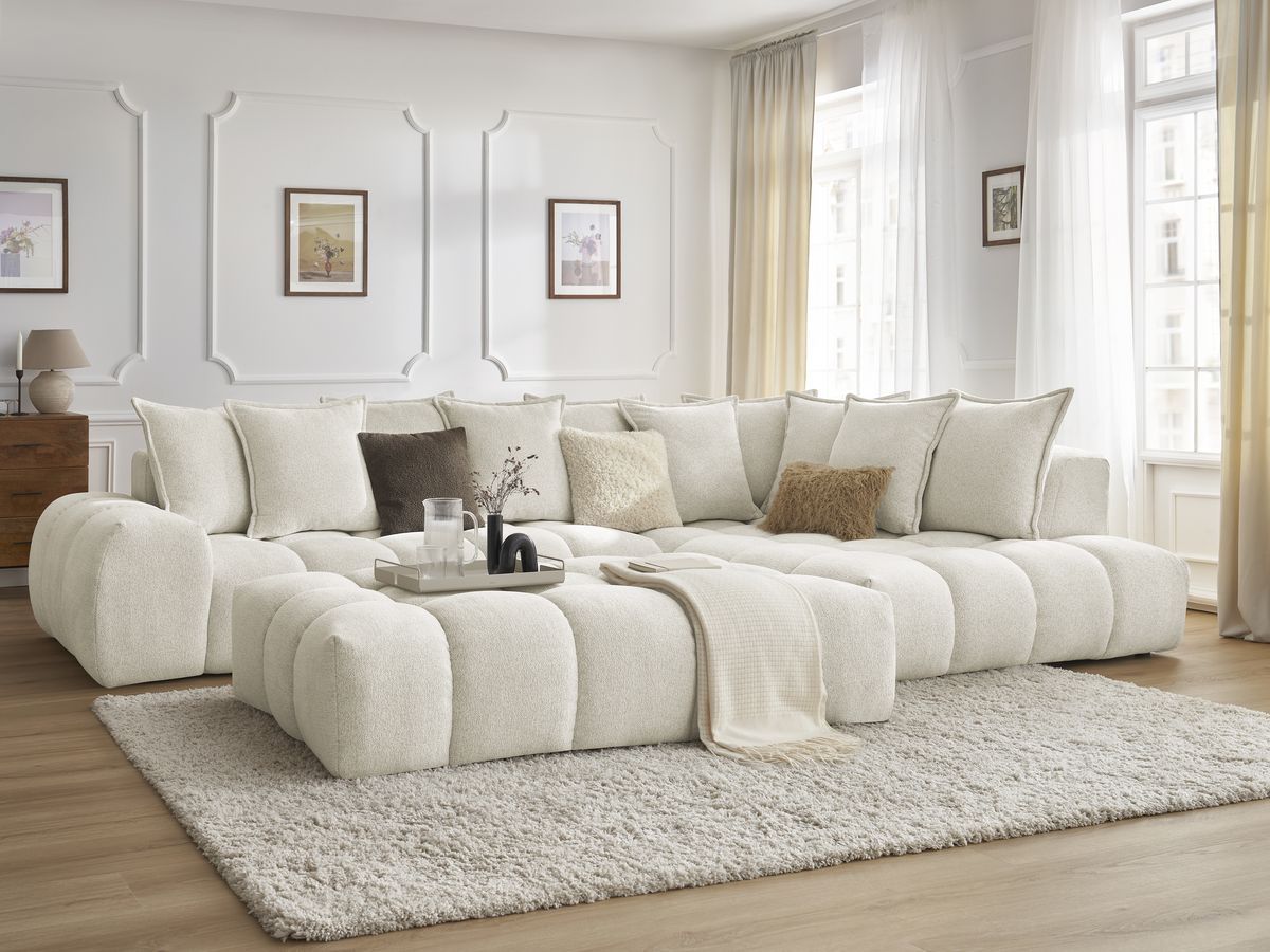 Bobochic Everest Ecksofa mit Schlaffunktion und Pouf, 10 Kissen Melange-Stoff Weiß Ecke rechts