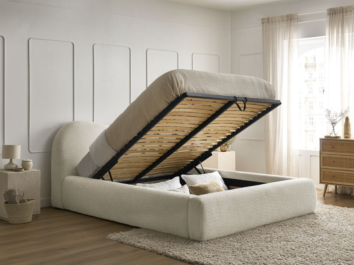 Bobochic Orlane Polsterbett mit Bettkasten Bouclé-Stoff Beige, Liegefläche 140 × 190 cm