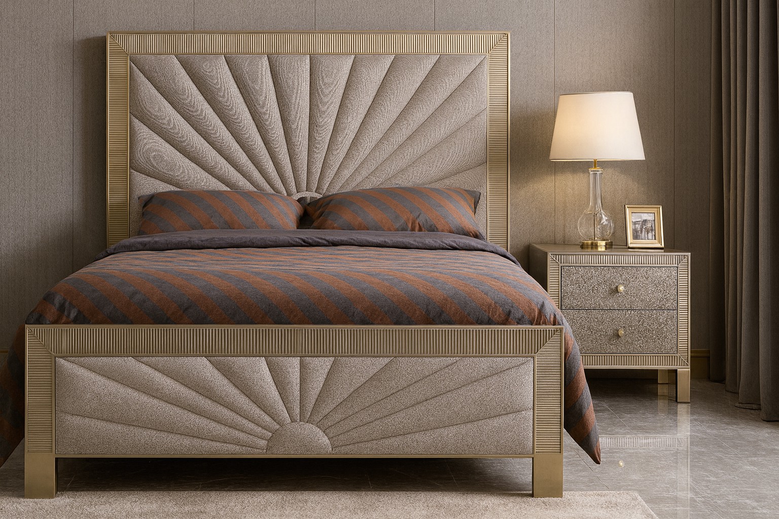 Livin Hill Set Stilig Bedroom: Polsterbett 166 cm + 2× Nachttisch Champagnergold