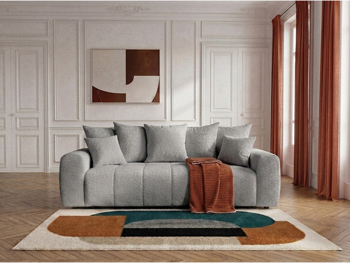 Bobochic Roxelane Schlafsofa 3-Sitzer mit Bettkasten Bouclé-Stoff Hellgrau