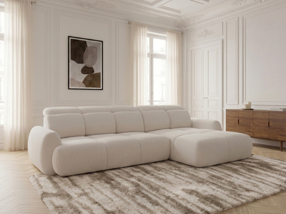 Bobochic Ruby Ecksofa mit Schlaffunktion und Bettkasten Chenille Beige Ecke rechts