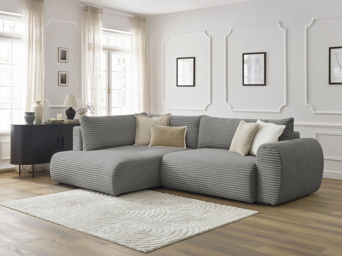 Bobochic Lucien Ecksofa mit Schlaffunktion und Bettkasten 296 × 198 cm Breitcord weich Dunkelgrau Ecke links