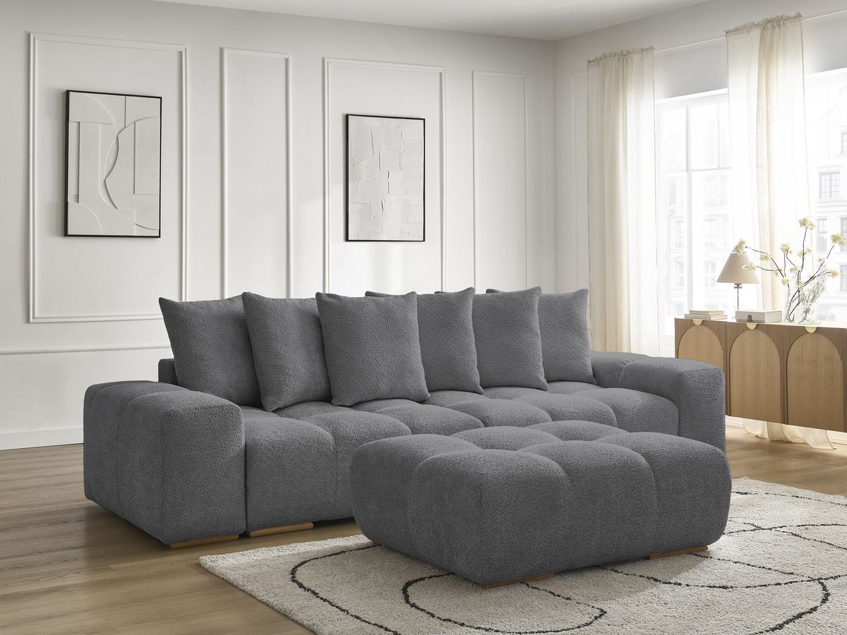 Bobochic Anakin Sofa 3-Sitzer mit Pouf, 6 Kissen Bouclé-Stoff Dunkelgrau
