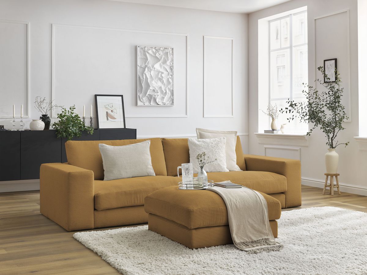 Bobochic Leonard Sofa 4-Sitzer mit Pouf 274 × 109 cm Cordsamt Gelb