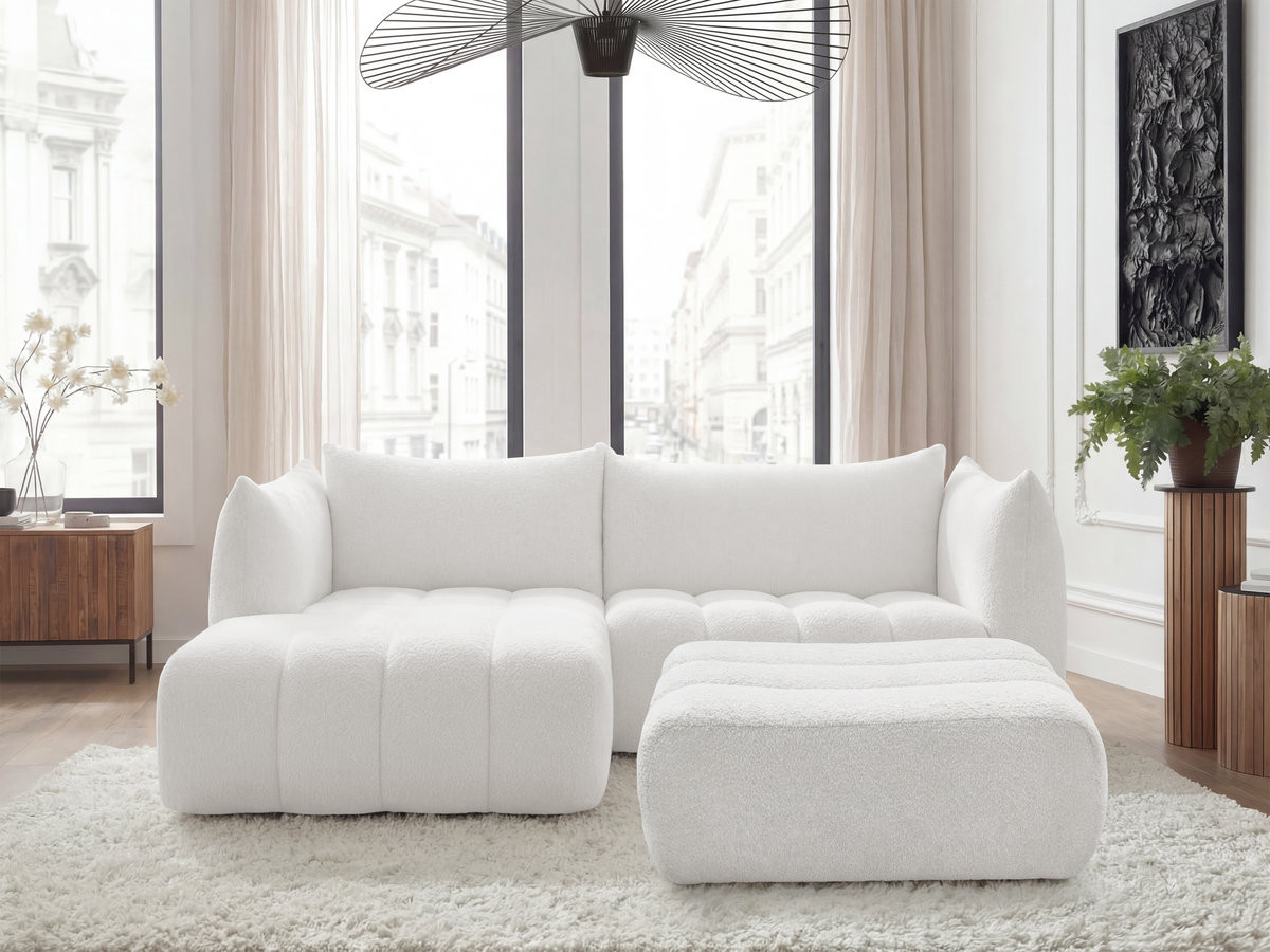 Bobochic Azra Ecksofa mit Pouf 262 × 178 cm Bouclé-Stoff Weiß Ecke links
