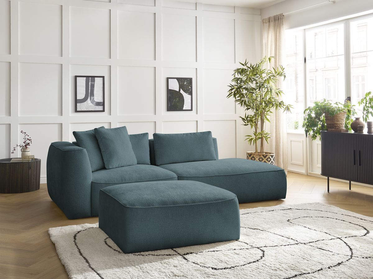 Bobochic Leopold Sofa 4-Sitzer mit Pouf Strukturstoff Dunkelblau Armlehne links