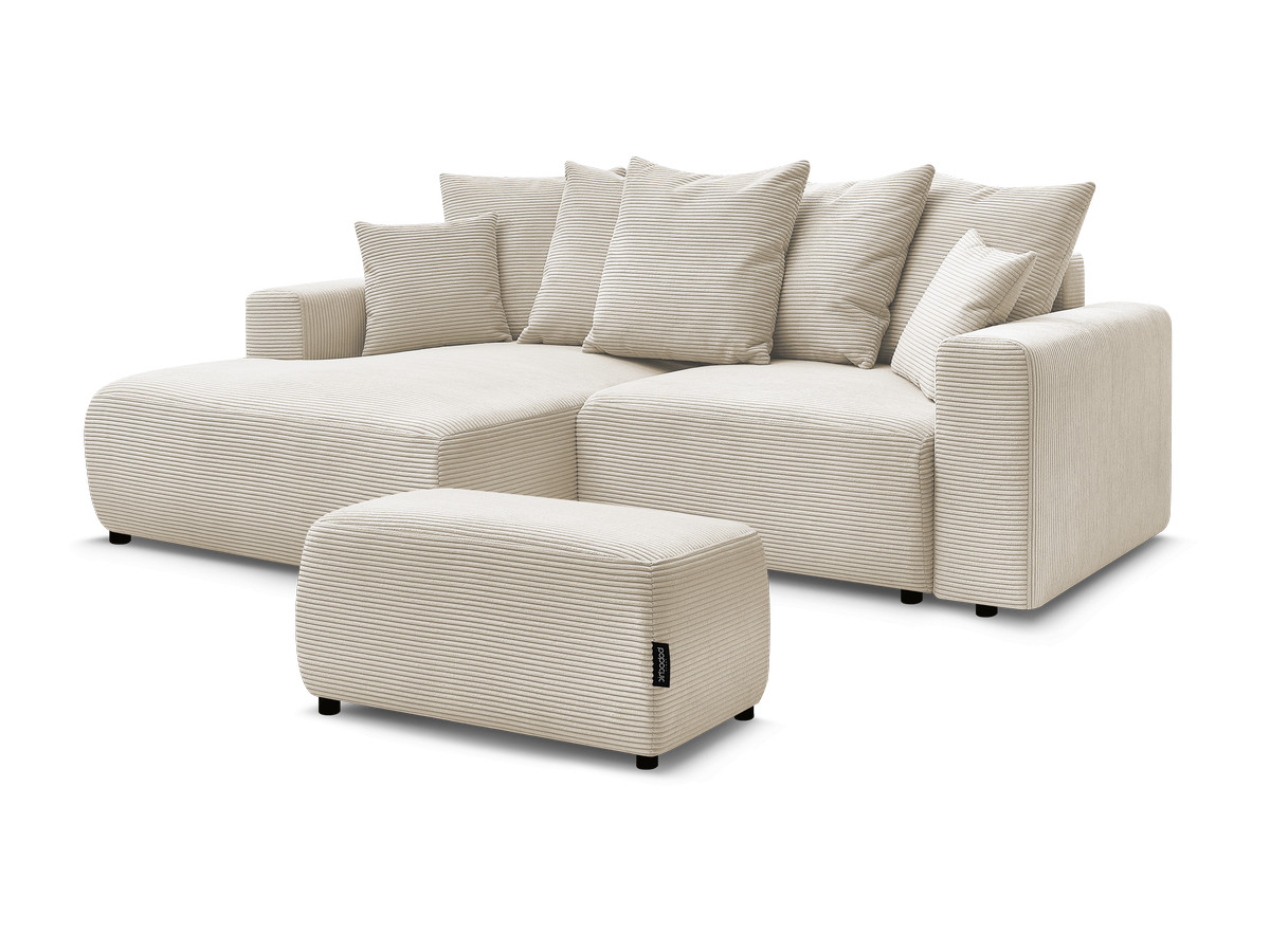 Bobochic Atilla Ecksofa mit Schlaffunktion und Bettkasten und Pouf Cordsamt Beige Ecke links