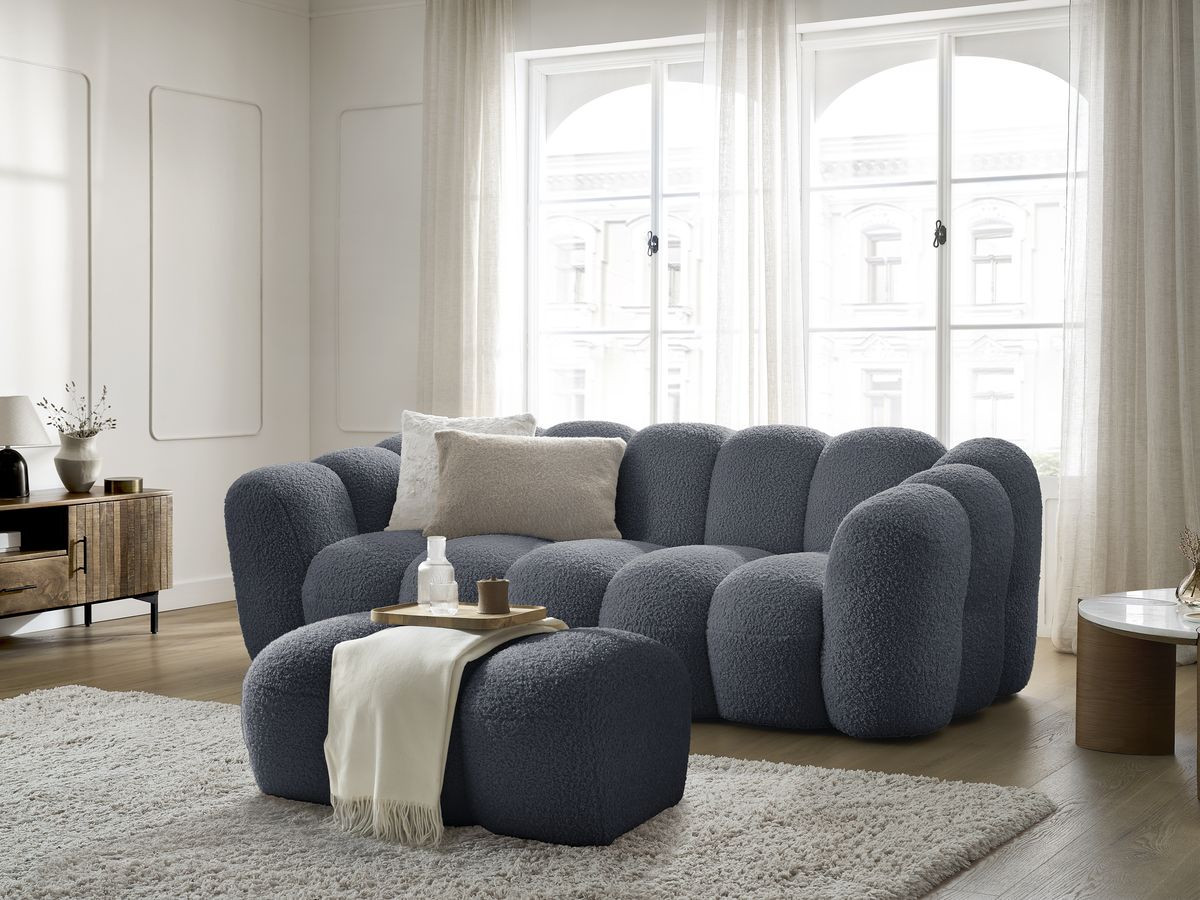Bobochic Hippolyte Sofa 3-Sitzer mit Pouf Bouclé-Stoff Dunkelgrau