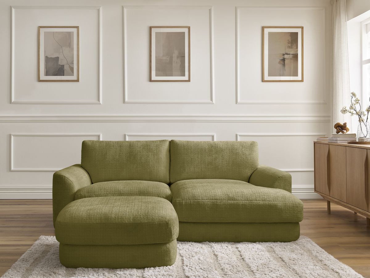 Bobochic Leonore Ecksofa mit Pouf Strukturstoff Grün Ecke rechts