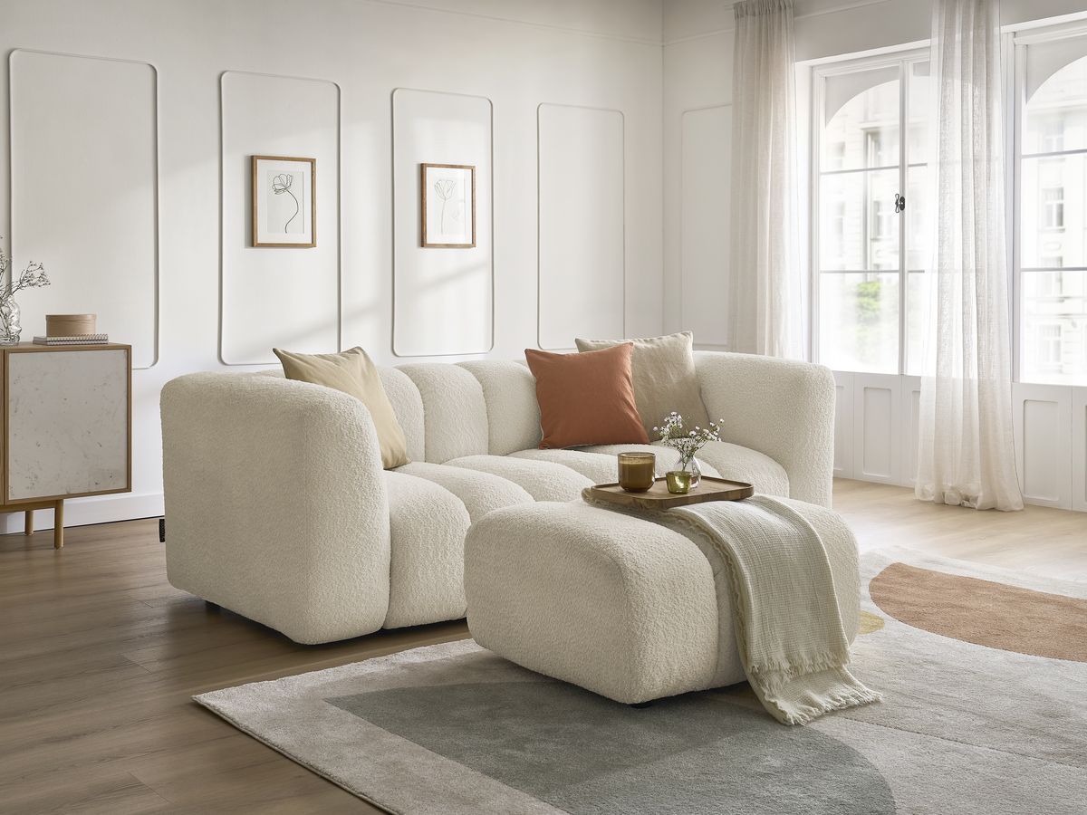 Bobochic Talia Sofa 3-Sitzer mit Pouf Bouclé-Stoff Beige