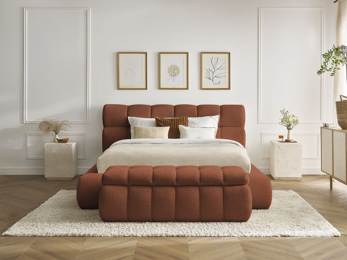 Bobochic Mont-blanc Polsterbett mit Bettkasten mit Bettbank Bouclé-Stoff Orange, Liegefläche 160 × 200 cm