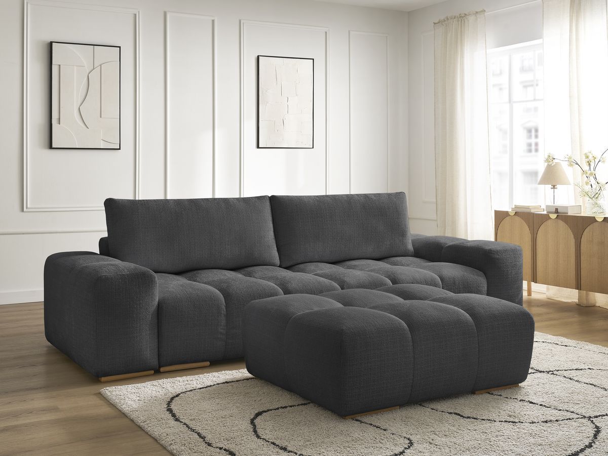 Bobochic Anakin Schlafsofa 3-Sitzer mit Bettkasten und Pouf, 2 Kissen Strukturstoff Schwarz
