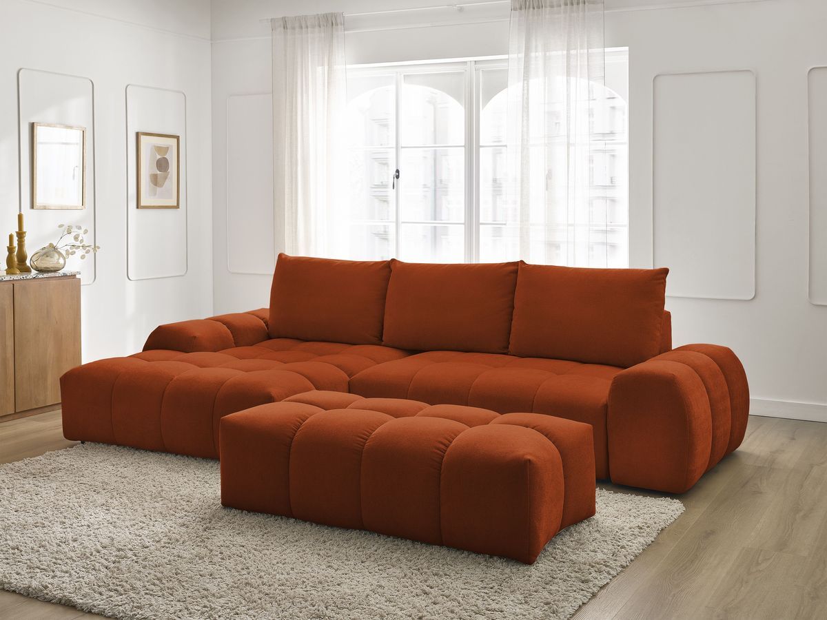 Bobochic Everest Ecksofa mit Schlaffunktion und Bettkasten und Pouf 318 × 180 cm, 3 Kissen Strukturstoff Orange Ecke links