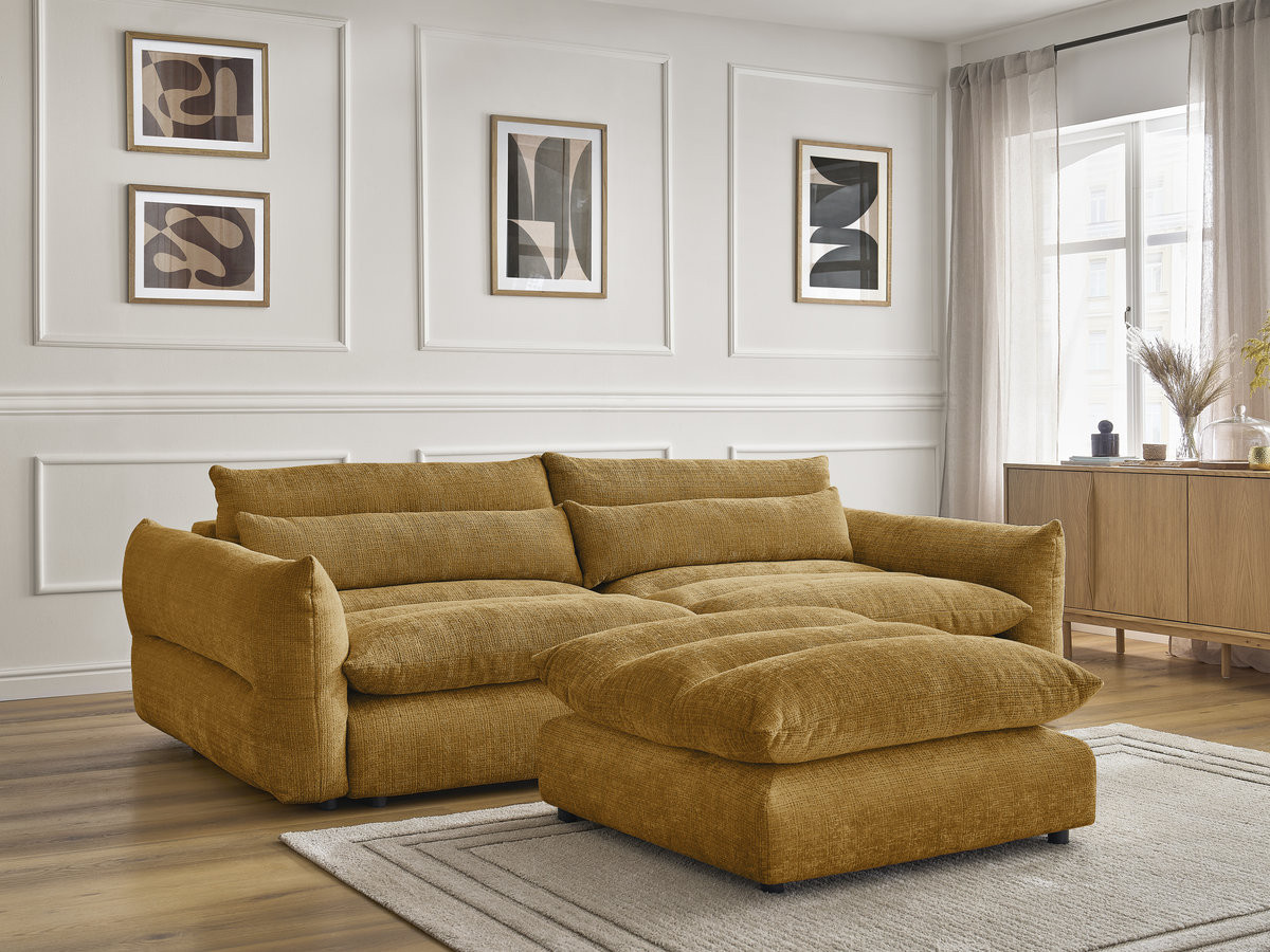 Bobochic Neil Sofa 3-Sitzer mit Pouf Strukturstoff Gelb
