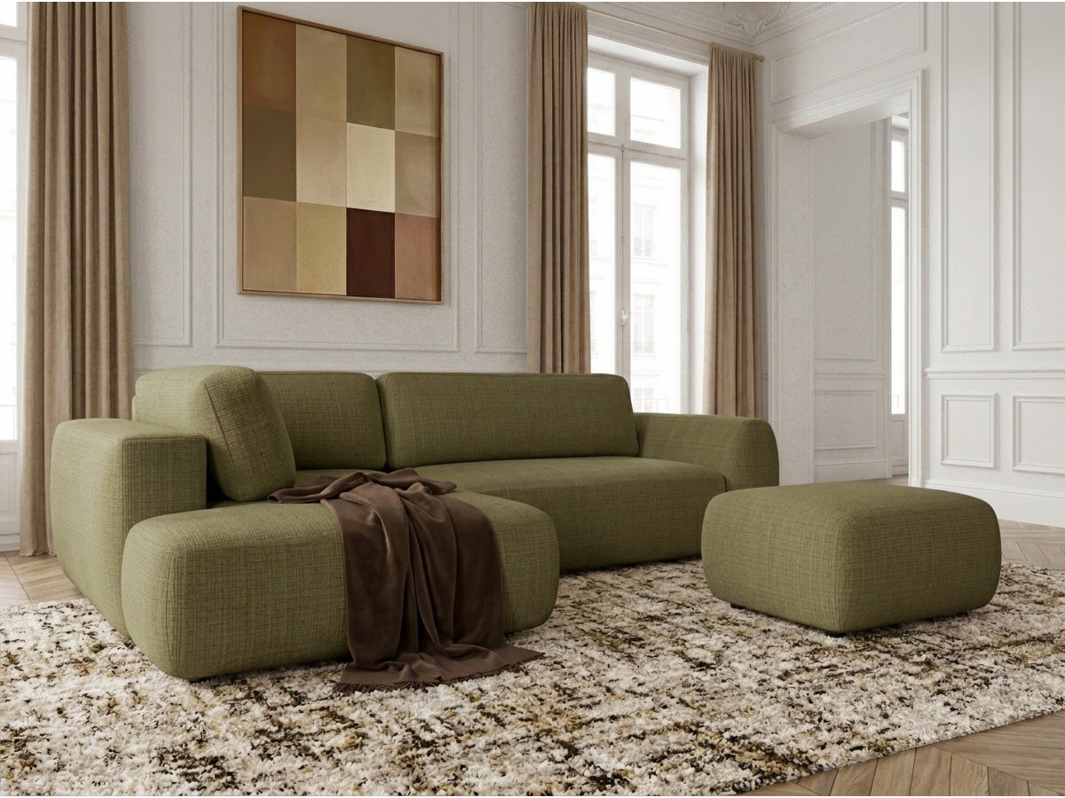 Bobochic Denise Ecksofa mit Schlaffunktion und Bettkasten und Pouf 256 × 197 cm Strukturstoff Grün Ecke links