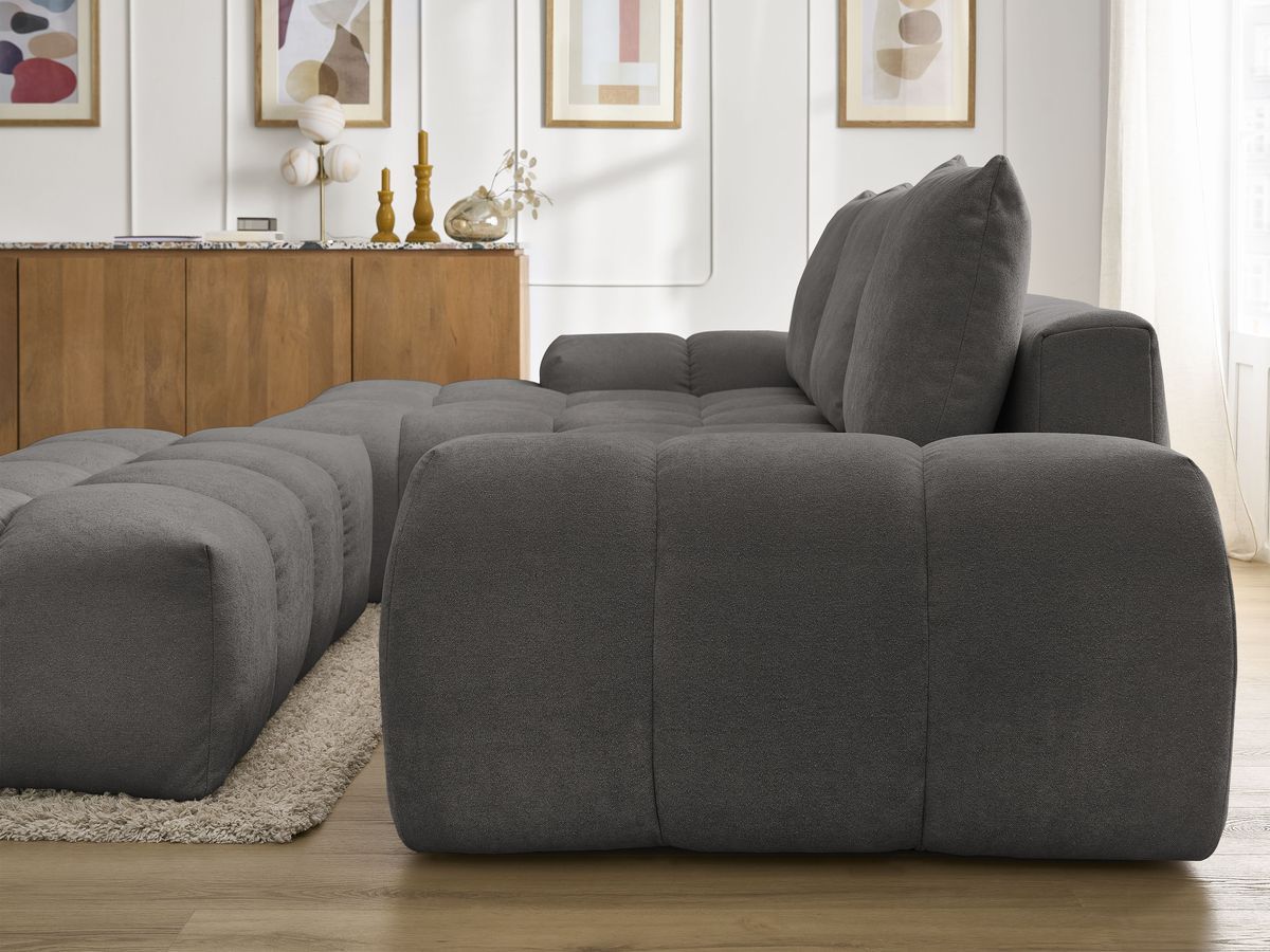 Bobochic Everest Ecksofa mit Schlaffunktion und Bettkasten und Pouf 318 × 180 cm, 3 Kissen Strukturstoff Dunkelgrau Ecke links