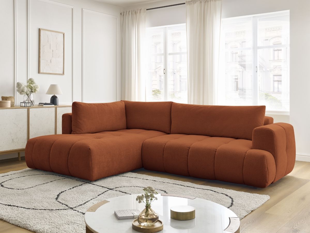 Bobochic Fuji Ecksofa mit Schlaffunktion und Bettkasten 282 × 204 cm Stoff Orange Ecke links