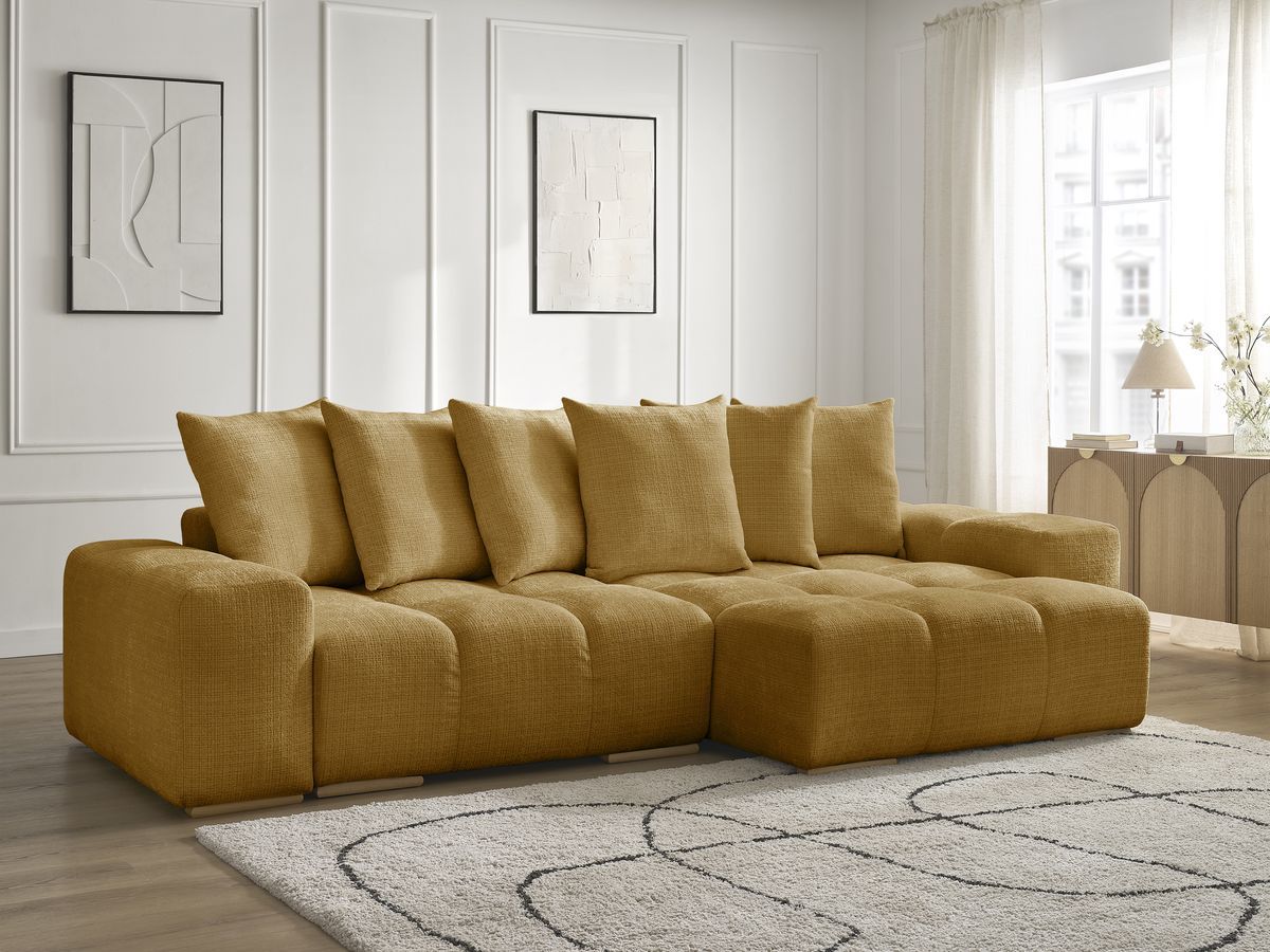 Bobochic Anakin Ecksofa mit Schlaffunktion und Bettkasten, 6 Kissen Strukturstoff Gelb