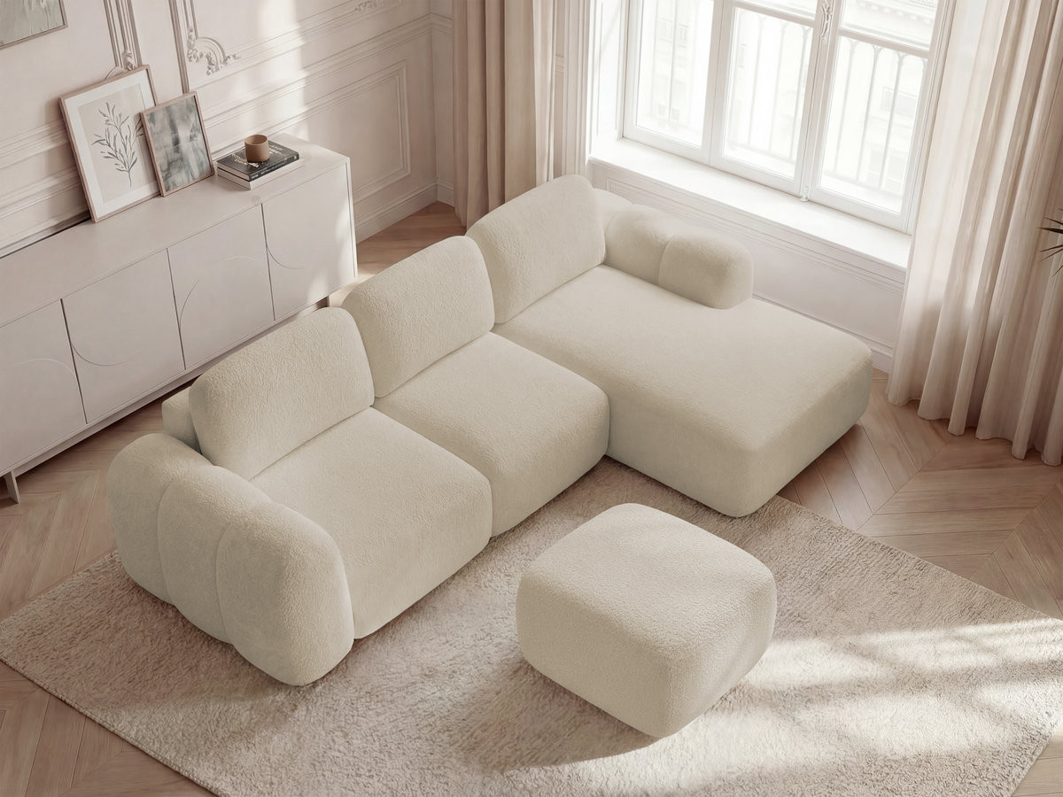Bobochic Montaigne Ecksofa mit Schlaffunktion und Bettkasten und Pouf 276 × 164 cm Bouclé-Stoff Beige Ecke rechts