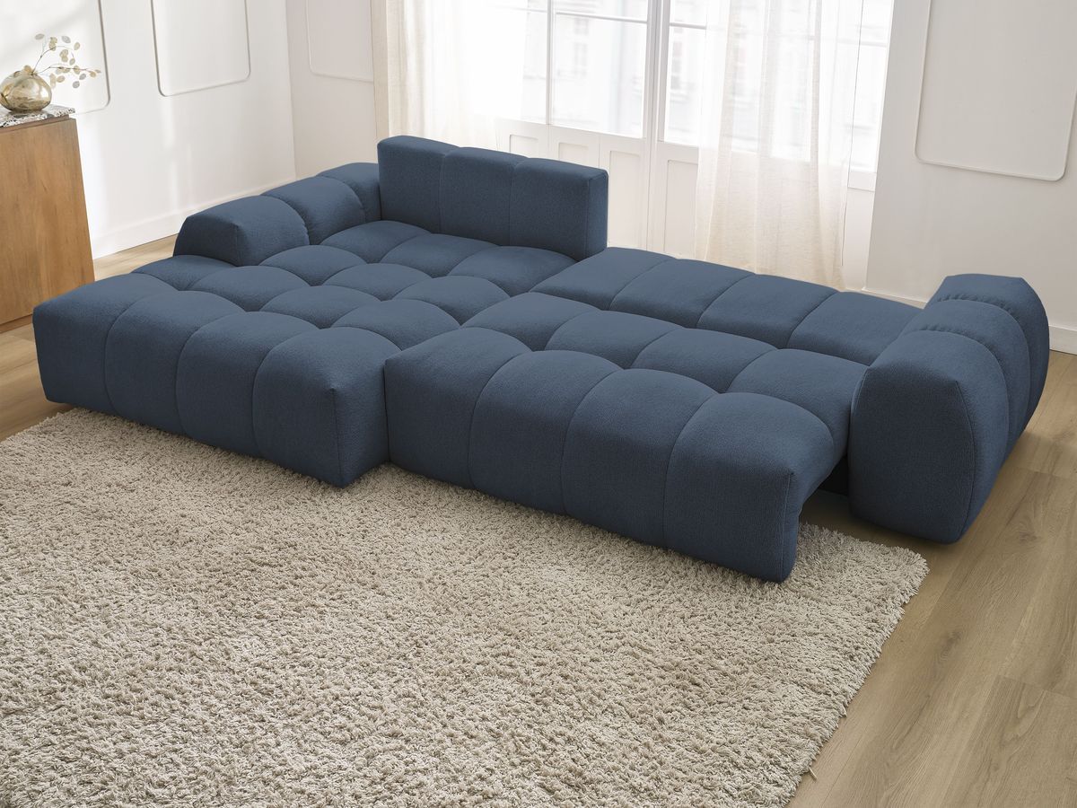 Bobochic Everest Ecksofa mit Schlaffunktion und Bettkasten 318 × 180 cm, 3 Kissen Melange-Stoff Dunkelblau Ecke links