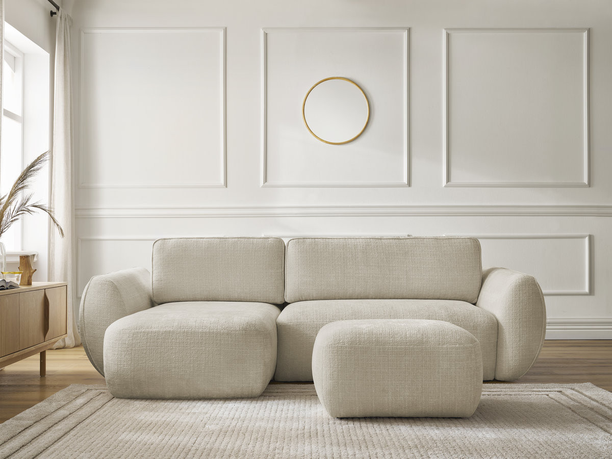 Bobochic Denise Ecksofa mit Schlaffunktion und Bettkasten und Pouf 258 × 160 cm Strukturstoff Beige Ecke links