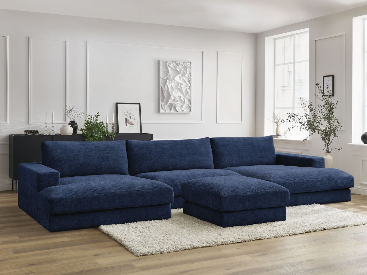 Bobochic Leonard Wohnlandschaft mit Pouf 349 × 159 cm Strukturstoff Dunkelblau