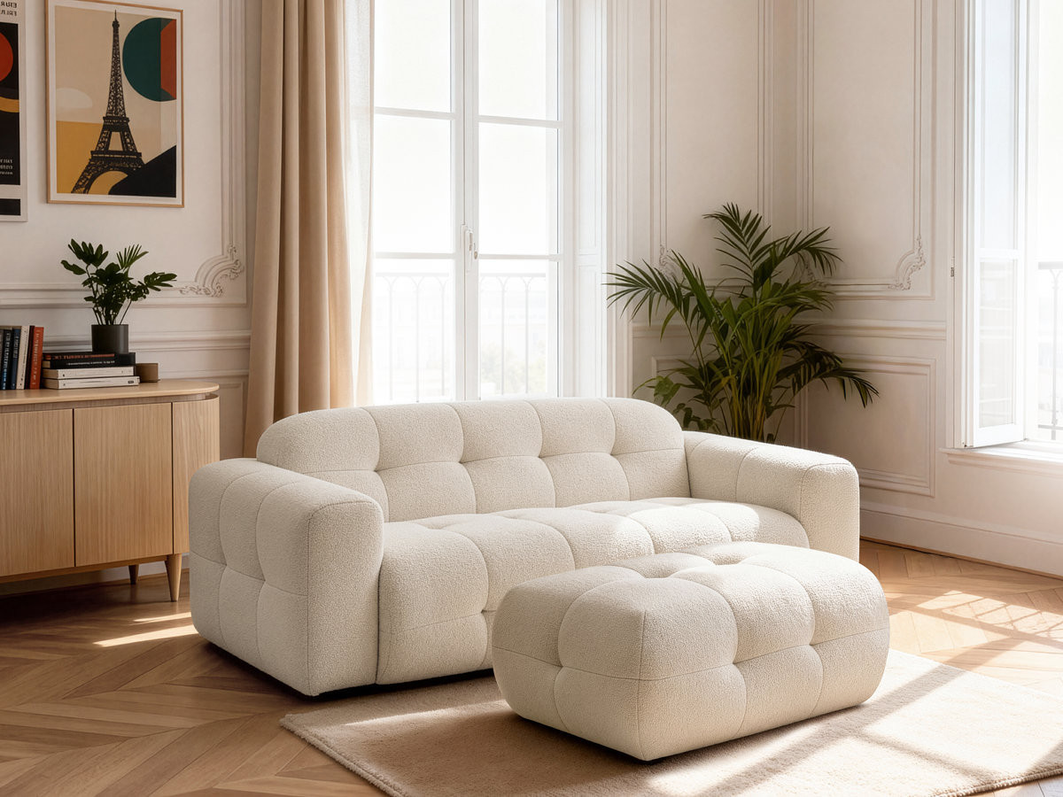 Bobochic Laura Sofa 3-Sitzer mit kleinem Pouf Melange-Stoff Beige