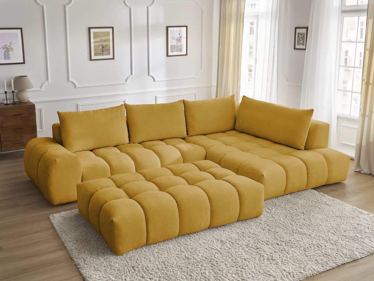 Bobochic Everest Ecksofa mit Schlaffunktion und Pouf, 4 Kissen Strukturstoff Gelb Ecke rechts