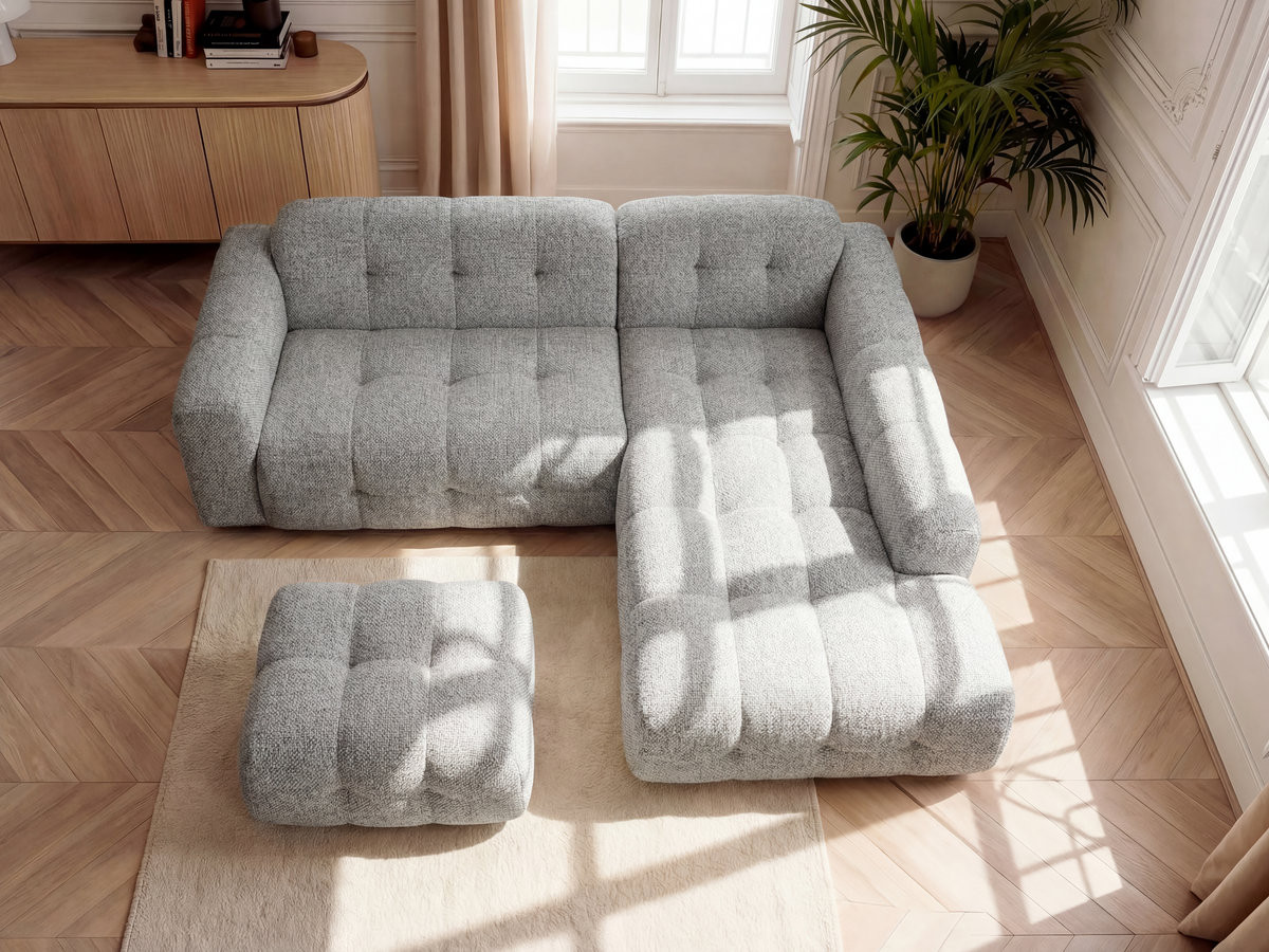 Bobochic Laura Ecksofa mit kleinem Pouf Melange-Stoff Hellgrau Ecke rechts