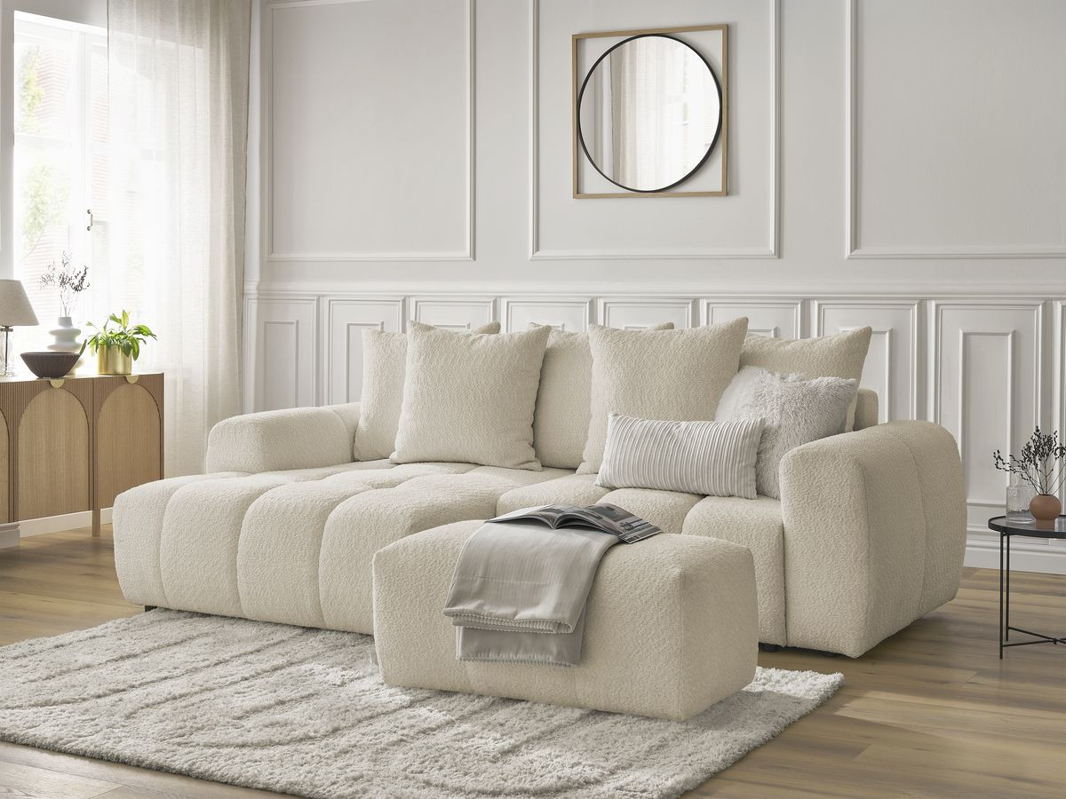 Bobochic Roxelane Ecksofa mit Schlaffunktion und Bettkasten und Pouf 258 × 150 cm Bouclé-Stoff Beige Ecke links