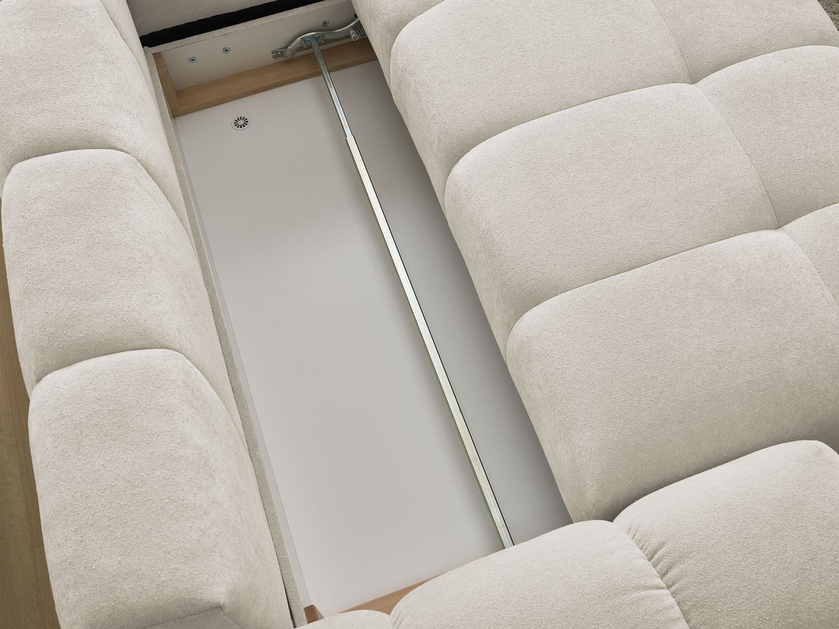 Bobochic Everest Ecksofa mit Schlaffunktion und Bettkasten und Pouf 320 × 212 cm, 5 Kissen Strukturstoff Beige Ecke rechts