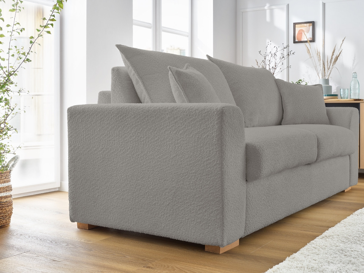 Bobochic Augustin Schlafsofa 3-Sitzer Bouclé-Stoff Hellgrau, Liegefläche 140 × 200 cm