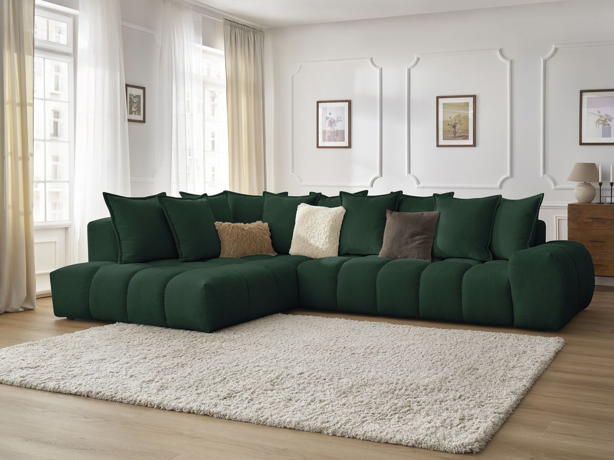 Bobochic Everest Ecksofa, 10 Kissen Strukturstoff Grün Ecke links