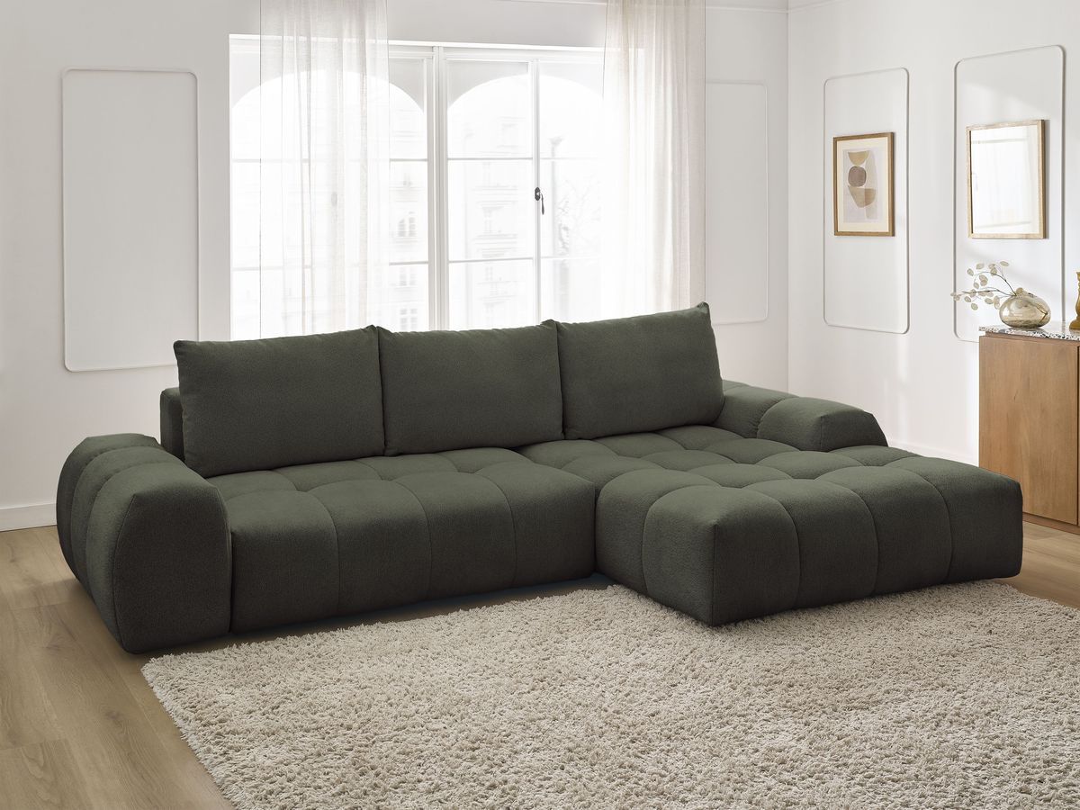 Bobochic Everest Ecksofa mit Schlaffunktion und Bettkasten 318 × 180 cm, 3 Kissen Melange-Stoff Grün Ecke rechts