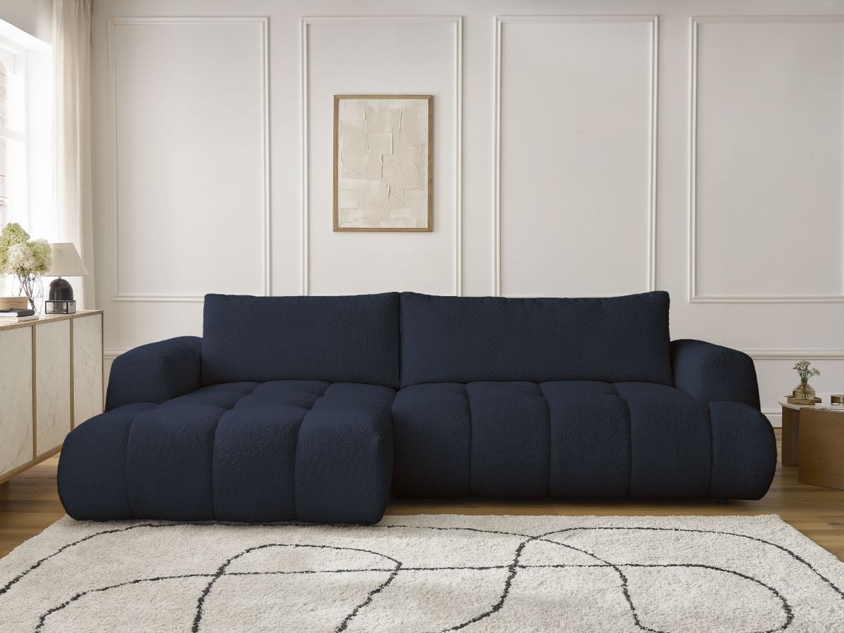 Bobochic Fuji Ecksofa mit Schlaffunktion und Bettkasten 292 × 160 cm Bouclé-Stoff Dunkelblau Ecke links